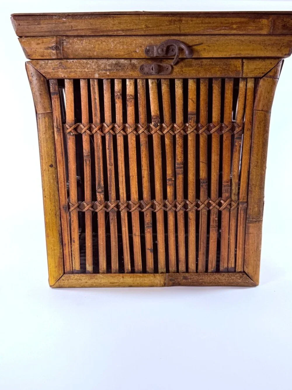 Bamboo & Wood Lattice Storage Box W/Hinged Lid Metal Clasp Wall Clips 14 in Tall